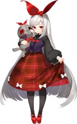 Rule 34 | 1girl, artist request, black pantyhose, bow, bowtie, dunnottar (oshiro project), full body, hair bow, long hair, looking at viewer, mary janes, official art, oshiro project:re, oshiro project:re, pantyhose, plaid, plaid skirt, puffy sleeves, red bow, red footwear, red skirt, shoes, silver hair, skirt, solo, stuffed toy, swept bangs, transparent background, very long hair