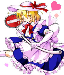 Rule 34 | 1girl, aka tawashi, apron, back bow, blonde hair, blue dress, bow, bowtie, breasts, buttons, closed mouth, commentary request, dress, elbow gloves, foot out of frame, frilled apron, frilled dress, frills, gloves, happy, hat, hat bow, heart, highres, holding, holding sign, kana anaberal, kneehighs, looking at viewer, one eye closed, puffy short sleeves, puffy sleeves, red bow, red bowtie, road sign, short hair, short sleeves, sign, simple background, small breasts, smile, socks, sun hat, touhou, touhou (pc-98), white apron, white background, white gloves, white socks, yellow eyes