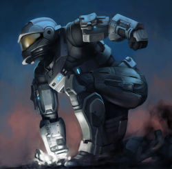 Rule 34 | androgynous, armor, ataruman, bad anatomy, from side, gender request, gradient background, halo: reach, halo (game), halo (series), helmet, male focus, night, on one knee, power armor, power suit, punching, smoke, solo, spartan, spartan-b312, spartan (halo), squatting
