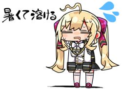 Rule 34 | 1girl, = =, ahoge, black skirt, blonde hair, bow, breasts, chibi, closed eyes, drooling, flying sweatdrops, frilled skirt, frills, hair bow, jacket, kanikama, long hair, long sleeves, lowres, medium breasts, mouth drool, nijisanji, parted lips, pleated skirt, purple bow, purple footwear, shadow, skirt, sleeves past wrists, solo, standing, sweat, takamiya rion, takamiya rion (1st costume), thighhighs, translation request, twintails, very long hair, virtual youtuber, white background, white bow, white jacket, white thighhighs