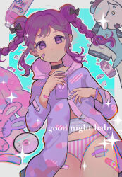 Rule 34 | 1girl, absurdres, bandaid, bandaid on face, bandaid on leg, black bow, bow, braid, cameo, candy, cd, character doll, closed mouth, commentary request, cowboy shot, denonbu, double bun, food, hair bun, highres, holding, holding phone, hood, hood down, hooded jacket, inubousaki shian, jacket, long hair, long sleeves, looking at viewer, lying, maomaomao (yukoyort), minakami hina, on back, outline, panties, partially unbuttoned, phone, pill, pill bottle, plastic bottle, purple eyes, purple hair, purple jacket, sakurano mimito, solo, song name, sparkle, striped clothes, striped panties, stuffed animal, stuffed chicken, stuffed rabbit, stuffed toy, tooth, twin braids, underwear, unworn shirt