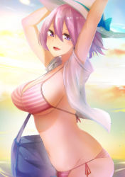 Rule 34 | 1girl, alternate costume, arms up, bikini, blush, breasts, cleavage, fate/grand order, fate (series), hat, highres, large breasts, looking at viewer, mash kyrielight, midriff, navel, open mouth, outdoors, purple eyes, purple hair, shirt, short hair, smile, stomach, sun hat, swimsuit, t-shirt, xiaodi
