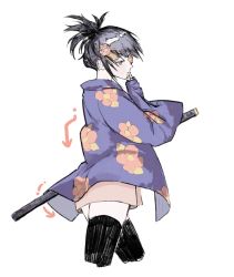 Rule 34 | 1girl, arrow (symbol), bad id, bad twitter id, black thighhighs, closed mouth, copyright request, cowboy shot, cropped legs, eyepatch, flower eyepatch, folded ponytail, from side, haori, holding, holding sword, holding weapon, japanese clothes, katana, long sleeves, neko (ganecooo), purple eyes, purple hair, simple background, solo, standing, sword, thighhighs, weapon, white background, wide sleeves
