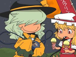 Rule 34 | 2girls, :o, ascot, bag, blonde hair, bow, child, coin, coin purse, curious, fang, female focus, flandre scarlet, food, full moon, hair over eyes, handbag, hat, hat bow, horizon, ice cream, ice cream cone, komeiji koishi, long sleeves, money, moon, multiple girls, night, night sky, onikobe rin, open mouth, red eyes, short hair, short sleeves, side ponytail, skirt, skirt set, sky, sleeves past wrists, smile, star (sky), starry sky, surprised, touhou, wide sleeves, wings