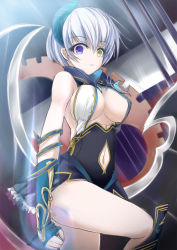Rule 34 | 1girl, aura, bare shoulders, blue eyes, blush, boots, breasts, chest jewel, cleavage, cleavage cutout, clenched hand, clothing cutout, detached sleeves, dress, gem, glowing, hairband, heterochromia, high collar, highres, horns, indoors, kagero: darkside princess, kagero deception, kagerou: darkside princess, laegrinna, large breasts, looking at viewer, nail polish, navel, navel cutout, nekoyaso, no bra, open mouth, petticoat, short dress, short hair, sideboob, single horn, sleeves past wrists, solo, tecmo, thigh boots, thighhighs, underboob, weapon, white hair, yellow eyes