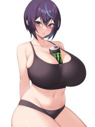 Rule 34 | 1girl, between breasts, blue eyes, blue hair, blush, breasts, character request, cleavage, collarbone, energy drink, highres, huge breasts, kuavera, looking at viewer, mole, mole under mouth, multicolored hair, navel, original, panties, parted lips, purple hair, short hair, solo, sports bra, thighs, underwear, white background