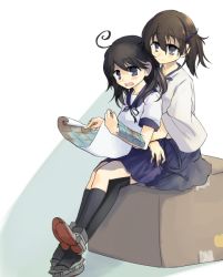 Rule 34 | 10s, 2girls, ahoge, black eyes, black hair, blush, box, brown hair, cardboard box, japanese clothes, kaga (kancolle), kantai collection, map, multiple girls, open mouth, personification, ponytail, side ponytail, sitting, sitting on lap, sitting on person, tes (unpre), thighhighs, ushio (kancolle)