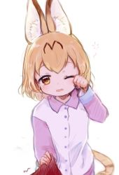 Rule 34 | 1girl, aged down, alternate costume, animal ears, blonde hair, blush, collared shirt, commentary request, kemono friends, korean commentary, long sleeves, one eye closed, pajamas, purple shirt, rubbing eyes, san sami, serval (kemono friends), serval tail, shirt, short hair, sleepy, solo, tail, two-tone shirt, white shirt, yellow eyes