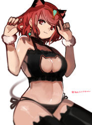 Rule 34 | 1girl, absurdres, animal ears, black panties, black thighhighs, breasts, cat ear thighhighs, cat ears, cat lingerie, cleavage, cleavage cutout, clothing cutout, earrings, female focus, highres, jewelry, matching hair/eyes, meme attire, open clothes, panties, pyra (xenoblade), red eyes, red hair, tarbo (exxxpiation), thighhighs, underwear, xenoblade chronicles (series), xenoblade chronicles 2
