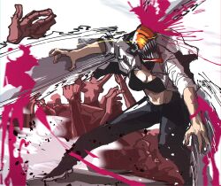 Rule 34 | 1girl, absurdres, black pants, blood, blood splatter, bloody weapon, breasts, chainsaw, chainsaw man, cleavage, collared shirt, denji (chainsaw man), disembodied hand, facing viewer, genderswap, genderswap (mtf), glowing, glowing eye, highres, isaacchief300, light trail, medium breasts, motion lines, open clothes, open mouth, pants, pink blood, sharp teeth, shirt, simple background, sleeves rolled up, solo focus, teeth, weapon, white background, white shirt