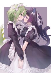 Rule 34 | 2girls, animal ears, apron, black dress, black hair, blush, borrowed character, bow, cat ears, cat girl, cat tail, chiyuki0321, closed mouth, commentary, dragon tail, dress, english commentary, eye contact, gradient hair, green eyes, green hair, hair bow, highres, holding hands, horns, interlocked fingers, juliet sleeves, long hair, long sleeves, looking at another, maid apron, maid headdress, multicolored hair, multiple girls, original, pointy ears, puffy sleeves, purple eyes, smile, tail, white apron, white bow, yuri