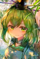 Rule 34 | 1girl, blush, breasts, closed mouth, commentary request, dress, green dress, green eyes, green hair, hat, highres, itsumizu, japanese clothes, looking at viewer, medium breasts, no nose, outdoors, short hair, smile, soga no tojiko, solo, tate eboshi, touhou, upper body