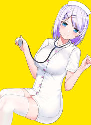 Rule 34 | 1girl, bad id, bad pixiv id, blue eyes, blush, breasts, closed mouth, collared dress, commentary request, dress, dutch angle, feet out of frame, hair ornament, hairclip, hands up, hat, holding, long hair, looking at viewer, medium breasts, nurse, nurse cap, original, purple hair, short sleeves, simple background, sitting, smile, solo, stethoscope, suzuharu toufu, swept bangs, thighhighs, white dress, white hat, white thighhighs, yellow background