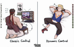 Rule 34 | 2boys, arcade stick, arms behind head, barefoot, beard, black hair, blonde hair, capcom, closed eyes, commentary, controller, dated, eighth note, english commentary, english text, facial hair, flying sweatdrops, game console, game controller, hershuar, joystick, luke sullivan, lying, male focus, multiple boys, musical note, on back, playstation 4, playstation controller, ryu (street fighter), seiza, sitting, street fighter, street fighter 6, television, twitter username, whistling