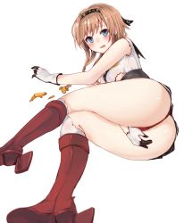 Rule 34 | 10s, 1girl, alternate eye color, anchor symbol, ass, between legs, black gloves, blue eyes, boots, braid, breasts, chiune (yachi), clothes writing, gloves, hachimaki, hair ornament, hairband, hand between legs, headband, high heels, highres, kantai collection, knee boots, light brown hair, long hair, looking at viewer, lying, miniskirt, multicolored clothes, multicolored gloves, on side, open mouth, panties, propeller hair ornament, red footwear, red panties, school uniform, serafuku, shirt, simple background, skirt, small breasts, solo, teruzuki (kancolle), thighhighs, torn clothes, torn gloves, torn shirt, torn thighhighs, twin braids, underwear, wavy mouth, white background, white gloves, white thighhighs