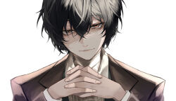 Rule 34 | 1boy, absurdres, bandage on neck, black hair, black jacket, black suit, bungou stray dogs, closed mouth, collared shirt, dappled sunlight, dazai osamu (bungou stray dogs), formal, hair between eyes, highres, jacket, long sleeves, looking at viewer, male focus, own hands together, red eyes, shirt, short hair, sidelocks, simple background, smile, solo, suit, sunlight, upper body, user wjpu7573, white background, white shirt