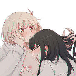 Rule 34 | 2girls, black hair, blonde hair, blush, breasts, closed mouth, collarbone, commentary request, ear blush, grabbing, grabbing another&#039;s breast, hand in another&#039;s hair, hand on own cheek, hand on own face, highres, inoue takina, long hair, long sleeves, lycoris recoil, medium breasts, multiple girls, nipples, nishikigi chisato, one side up, open clothes, open shirt, red eyes, scar, scar on chest, shirt, short hair, sidelocks, simple background, sweatdrop, white background, white shirt, yarou (0tyaro), yuri