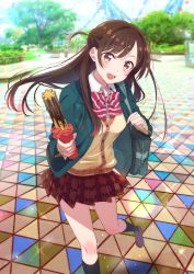 Rule 34 | 1girl, :d, absurdres, ahoge, bag, blue sky, blurry, blurry background, bow, bowtie, breasts, brown eyes, brown hair, buttons, churro, food, gradient hair, highres, holding, holding food, jacket, kanojo okarishimasu, leaning forward, long hair, looking at viewer, medium breasts, mizuhara chizuru, multicolored hair, official alternate costume, official art, open mouth, outdoors, parted bangs, plaid, plaid skirt, ribbon, skirt, sky, smile, socks, solo, striped bow, striped bowtie, striped clothes