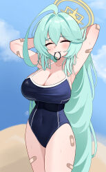 Rule 34 | 1girl, 82jhin, ^ ^, absurdres, abydos high school swimsuit, adjusting hair, ahoge, armpits, arms behind head, bandaid, bandaid on arm, bandaid on thigh, blue archive, blue sky, blurry, blush, breasts, cleavage, closed eyes, cloud, cloudy sky, collarbone, commentary request, competition school swimsuit, depth of field, desert, green hair, hair between eyes, halo, highres, horizon, large breasts, long hair, looking at viewer, mouth hold, official alternate costume, outdoors, presenting armpit, school swimsuit, sidelocks, sky, smile, solo, spaghetti strap, sweat, swimsuit, thick thighs, thighs, yume (blue archive)