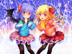 Rule 34 | 2girls, :d, alternate costume, black legwear, blonde hair, blush, capelet, cowboy shot, crystal, flandre scarlet, foreshortening, frilled skirt, frills, fur trim, hair ribbon, holding hands, looking at viewer, miniskirt, multiple girls, no headwear, open mouth, pantyhose, pink skirt, pointy ears, purple hair, reaching, reaching towards viewer, red eyes, red ribbon, red skirt, remilia scarlet, ribbon, rimu (kingyo origin), scarf, short hair, siblings, side ponytail, sisters, skirt, slit pupils, smile, snowing, sweater, touhou, tree shade, triangle mouth, wings, yellow scarf
