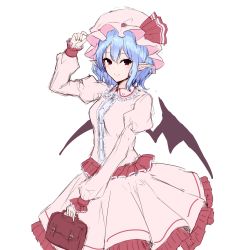 Rule 34 | 1girl, bag, bat wings, blue hair, center frills, commentary, frilled shirt collar, frilled skirt, frills, hair between eyes, hat, highres, juliet sleeves, junior27016, long sleeves, looking at viewer, mob cap, pink hat, pink shirt, pink skirt, pointy ears, puffy sleeves, red eyes, remilia scarlet, shirt, short sleeves, simple background, sketch, skirt, smile, solo, touhou, white background, wings