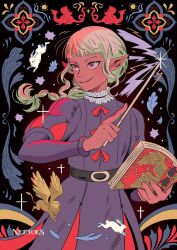 Rule 34 | 1boy, artist name, belt, book, braid, commentary, dungeon meshi, english commentary, griffon, highres, holding, holding book, holding wand, long hair, looking to the side, male focus, neetols, open book, pointy ears, puffy sleeves, rabbit, sidelocks, smile, standing, thistle (dungeon meshi), wand, white hair