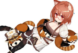 Rule 34 | 1girl, animal, black gloves, boots, breasts, brown hair, cleavage, closed mouth, feet out of frame, from above, glasses, gloves, goggles, goggles on headwear, hat, large breasts, looking at viewer, miniskirt, nijisanji, orange eyes, pleated skirt, puffy short sleeves, puffy sleeves, ratna petit, red-framed eyewear, red panda, red panda ears, shirt, short sleeves, sitting, skirt, smile, solo, terazip, thighs, virtual youtuber, white shirt, white skirt