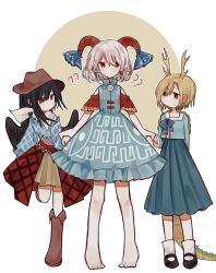 Rule 34 | 3girls, :/, :|, ?, ??, absurdres, alternate height, antlers, barefoot, black footwear, black hair, black wings, blonde hair, blue bow, blue dress, blue ribbon, blue shirt, blue skirt, boots, bow, brown eyes, brown footwear, chinese commentary, closed mouth, commentary, cowboy hat, curled horns, dragon tail, dress, earrings, eyebrows hidden by hair, feathered wings, full body, hat, height difference, highres, holding hands, horn ornament, horn ribbon, horns, jewelry, kicchou yachie, kurokoma saki, layered skirt, looking at another, looking at viewer, mary janes, medium hair, multiple girls, off-shoulder shirt, off shoulder, orange eyes, pleated skirt, pointy ears, ponytail, red skirt, ribbon, scarf, sheep horns, shirt, shoes, short hair, simple background, skirt, socks, standing, standing on one leg, sweatdrop, tail, touhou, toutetsu yuuma, turtle shell, white hair, white scarf, white socks, wings, yellow skirt, yuejinlin