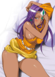 Rule 34 | 1girl, areola slip, blush, breasts, brown eyes, chunsoft, circlet, covered erect nipples, dark-skinned female, dark skin, dragon quest, dragon quest iv, earrings, enix, highres, jewelry, large breasts, long hair, looking at viewer, lying, minea (dq4), mitarashi kousei, on bed, on side, panties, parted lips, pillow, purple hair, sideboob, solo, underwear, white panties