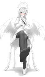 Rule 34 | 1girl, absurdres, angel wings, blue archive, blush, chair, closed mouth, dress, eshineko, feathered wings, feet, flower, foot focus, hair between eyes, hair flower, hair ornament, halo, high heels, highres, long hair, long sleeves, looking at viewer, nagisa (blue archive), pantyhose, shoes, simple background, single shoe, sitting, soles, solo, spot color, toes, white background, wings