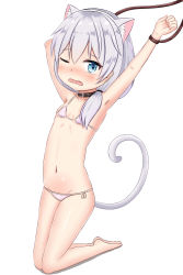 Rule 34 | 1girl, animal ears, arms up, artist request, bikini, blue eyes, blush, breasts, cat ears, cat tail, cosplay, highres, honkai (series), honkai impact 3rd, micro bikini, navel, silver hair, simple background, small breasts, solo, swimsuit, tail, tears, theresa apocalypse, wavy mouth, white background