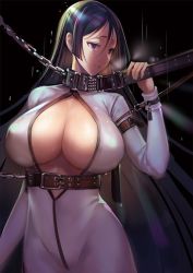 Rule 34 | 1girl, alternate costume, bdsm, belt, bodysuit, bondage, bound, breasts, center opening, chain, cleavage, closed mouth, collar, commentary request, covered erect nipples, d. (ddot2018), fate/grand order, fate (series), holding, huge breasts, long hair, looking to the side, minamoto no raikou (fate), parted bangs, purple eyes, skin tight, slave, very long hair, white bodysuit