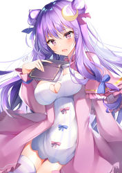 Rule 34 | 1girl, absurdres, blue ribbon, blush, book, breasts, capelet, cleavage, cleavage cutout, clothing cutout, cowboy shot, crescent, crescent hair ornament, double bun, dress, fang, fingernails, hair bun, hair ornament, hair ribbon, heart, heart-shaped pupils, highres, holding, holding book, long hair, long sleeves, looking at viewer, medium breasts, nail polish, nenobi (nenorium), no headwear, no headwear, open book, open mouth, patchouli knowledge, purple capelet, purple eyes, purple hair, purple nails, purple ribbon, ribbon, short dress, signature, simple background, skin fang, solo, symbol-shaped pupils, thighhighs, touhou, very long hair, white background, white dress, white thighhighs, zettai ryouiki