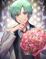 Rule 34 | 1boy, bouquet, commentary request, flower, formal, green hair, grey eyes, highres, holding, holding bouquet, male focus, necktie, penguu (green528), shirt, smile, solo, spada belforma, suit, tales of (series), tales of innocence, white suit