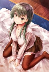 Rule 34 | 10s, 1girl, alternate hairstyle, blouse, breasts, brown skirt, brown thighhighs, cleavage, green eyes, green hair, hair between eyes, kantai collection, large breasts, long hair, long sleeves, looking at viewer, looking up, low twintails, matching hair/eyes, miniskirt, no shoes, pig tail, pleated skirt, shirt, sitting, skirt, solo, suien, suzuya (kancolle), tail, thighhighs, twintails, wariza, white shirt