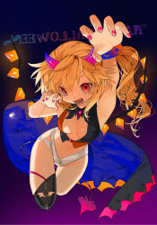 Rule 34 | 1girl, alternate costume, arm up, armpits, bandages, bare arms, bare shoulders, black border, black thighhighs, black vest, blue background, border, breasts, claw pose, fake horns, fangs, flandre scarlet, gotou (nekocat), gradient background, hair between eyes, halloween, hand up, highres, horns, long hair, looking at viewer, medium breasts, multicolored clothes, nail polish, navel, one side up, pink nails, pointy ears, purple background, red eyes, red vest, single thighhigh, solo, stomach, thighhighs, thighs, touhou, vest, wings