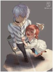 Rule 34 | 1boy, 1girl, :d, accelerator (toaru majutsu no index), ahoge, albino, arm up, artist name, blue dress, border, brown eyes, brown hair, cable, casual, child, choker, collared shirt, crutch, dated, denim, dress, full body, grey background, highres, holding, holding clothes, holding shirt, hug, ikeda (cpt), last order (toaru majutsu no index), long sleeves, looking down, looking up, open mouth, oversized clothes, pants, polka dot, polka dot dress, red eyes, sandals, shirt, shoes, short hair, simple background, smile, striped clothes, striped shirt, tile floor, tiles, toaru kagaku no railgun, toaru majutsu no index, toaru majutsu no index gaiden: toaru kagaku no accelerator, white border, white hair, white shirt, wire