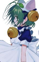Rule 34 | 1girl, animal ears, animal hat, antenna hair, apron, bell, blue dress, cat ears, cat hat, cat tail, dejiko, di gi charat, dress, green eyes, green hair, hair bell, hair ornament, hat, highres, looking to the side, maid apron, pepeppepe101, profile, puffy short sleeves, puffy sleeves, short hair, short sleeves, solo, tail, white apron