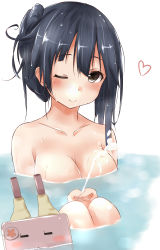 Rule 34 | 10s, 1girl, :3, = =, absurdres, bathing, black hair, blush, breasts, expressive clothes, grey eyes, hair up, heart, highres, kantai collection, large breasts, long hair, nude, one eye closed, saku (kudrove), smile, solo, ushio (kancolle), water