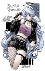 Rule 34 | 1boy, 1girl, arm tattoo, black choker, black jacket, black nails, black shorts, blue hair, brother and sister, camisole, chibi, choker, commentary, crop top, cropped legs, disembodied head, fishnet pantyhose, fishnets, furauji, goth fashion, grey eyes, hand up, head wings, highres, holding, holding microphone, honkai: star rail, honkai (series), jacket, jewelry, long hair, long sleeves, looking at viewer, microphone, midriff, nail polish, navel, pantyhose, ring, robin (honkai: star rail), short shorts, shorts, siblings, single bare shoulder, single leg pantyhose, spaghetti strap, spiked choker, spikes, standing, stomach, sunday (honkai: star rail), tattoo, thigh strap, very long hair, white background, wings