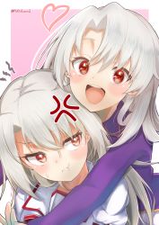 Rule 34 | 2girls, :t, absurdres, anger vein, blush, closed mouth, commentary request, dual persona, fate/kaleid liner prisma illya, fate/stay night, fate (series), hair between eyes, heart, highres, homurahara academy school uniform, hug, hug from behind, illyasviel von einzbern, long hair, long sleeves, looking at another, looking at viewer, looking to the side, multiple girls, open mouth, pout, puchitoro2, puffy short sleeves, puffy sleeves, purple shirt, red eyes, school uniform, shirt, short sleeves, silver hair, smile, sweatdrop, teeth, tongue, twitter username, uniform, upper body, upper teeth only, white shirt