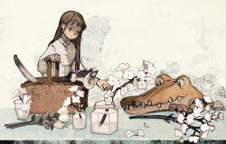 Rule 34 | basket, brown hair, cat, closed mouth, conical teeth, croco zigmond, crocodile, crocodilian, flower, flower in cup, from side, frown, glass, head on table, highres, in basket, long hair, mason jar, original, peter pan collar, philia ell, short bangs, slit pupils, smile, tono (rt0no), tulip, twig, white flower, white tulip