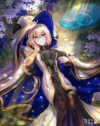 Rule 34 | 1girl, black pantyhose, blonde hair, blue eyes, book, breasts, cloak, commentary request, dress, fate/grand order, fate (series), forest, hat, highres, holding, holding book, hood, hooded cloak, long hair, looking at viewer, medium breasts, nature, pantyhose, round eyewear, smile, solo, aesc (fate), twitter username, unizo, water, white cloak, white dress, white hat, wide sleeves, witch hat