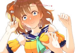 Rule 34 | 1girl, 1other, absurdres, bare shoulders, blue eyes, blush, breasts squeezed together, breasts, closed mouth, commentary request, constricted pupils, crazy eyes, crop top, detached sleeves, embarrassed, eyelashes, fingernails, hair ribbon, highres, kosaka honoka, looking at viewer, love live!, love live! school idol festival, love live! school idol project, natsumeyuki (siroyuki026), neckerchief, one side up, orange hair, pov, pov hands, ribbon, short hair, simple background, w arms, white background