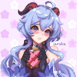 Rule 34 | 1girl, ahoge, animated, animated gif, artist name, blinking, blue hair, blush, box, commentary, english commentary, ganyu (genshin impact), genshin impact, gloves, heart-shaped box, horns, ioruko, looking at viewer, looking away, pixel art, purple eyes, solo, upper body