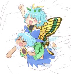 Rule 34 | &gt; &lt;, 2girls, antennae, aqua hair, arm up, barefoot, blue bow, blue dress, blue hair, blush stickers, bow, butterfly wings, cirno, closed eyes, collared shirt, dress, eternity larva, fairy, flower, green dress, hair between eyes, hair bow, highres, ice, ice wings, insect wings, kumamoto (bbtonhk2), leaf, leaf on head, multicolored clothes, multicolored dress, multiple girls, open mouth, puffy short sleeves, puffy sleeves, shirt, short hair, short sleeves, single strap, smile, sunflower, tanned cirno, touhou, white background, white shirt, wings