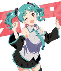 Rule 34 | 1girl, 39, absurdres, aqua hair, aqua necktie, black skirt, black sleeves, black thighhighs, blush, breasts, buttons, clenched hands, commentary, cosplay, detached sleeves, grey shirt, hair ornament, hands up, hatsune miku, hatsune miku (cosplay), highres, idolmaster, idolmaster million live!, idolmaster million live! theater days, kisaniyav, looking at viewer, medium breasts, medium hair, miku day, necktie, one eye closed, open mouth, pleated skirt, shirt, skirt, sleeveless, sleeveless shirt, smile, solo, thighhighs, thighs, tokugawa matsuri, twintails, vocaloid, yellow eyes