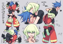 Rule 34 | !, !!, !?, ..., 2boys, asymmetrical hair, blue eyes, blue hair, closed eyes, collarbone, commentary request, covered navel, crossed arms, full body, galo thymos, gloves, green hair, grey background, hair between eyes, heart, holding, holding person, implied kiss, lio fotia, looking at viewer, male focus, multiple boys, multiple views, open mouth, promare, purple eyes, shirt, short sleeves, sidecut, simple background, spiked hair, standing, takatsuki ichi, teeth, tongue, translation request, undercut, yaoi