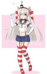 Rule 34 | 1girl, amatsukaze (kancolle), blue sailor collar, blue skirt, brown eyes, brown neckerchief, commentary request, cosplay, crop top, elbow gloves, garter straps, gloves, grey hair, hair tubes, kantai collection, lifebuoy ornament, long hair, masara (chuujou), microskirt, miniskirt, neckerchief, one-hour drawing challenge, one eye closed, pleated skirt, sailor collar, shimakaze (kancolle), shimakaze (kancolle) (cosplay), skirt, smoke heart, smokestack hair ornament, solo, standing, striped clothes, striped thighhighs, thighhighs, two side up, white gloves, white hair