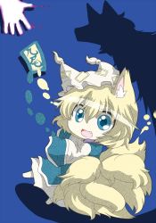Rule 34 | 1girl, animal ears, bad id, bad pixiv id, blonde hair, blue eyes, chibi, dress, fang, female focus, fox ears, fox tail, hat, hat with ears, multiple tails, open mouth, rebecca (keinelove), shadow, short hair, solo, tabard, tail, touhou, white dress, yakumo ran